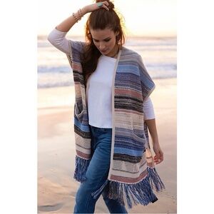 Liverpool Knit Striped Fringe Hem Oversized Sleeveless Cardigan Womens M/L